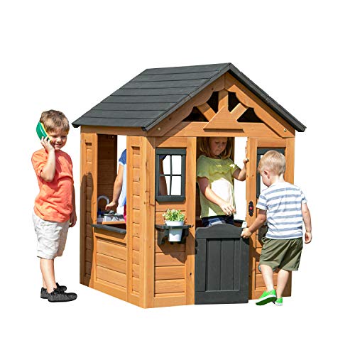 Backyard Discovery Sweetwater Cedar Wooden Kids Playhouse Cottage with Play Kitchen, Snack Bar, Half Door, Toy Phone, Windows, Flowerpot Holders
