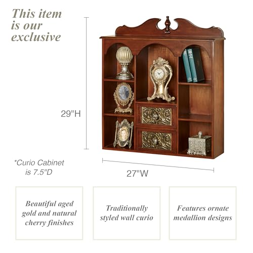 Sarantino Wall Wooden Curio Cabinet Natural Cherry - Traditional Style - Handcrafted Wood - Seven Shelves, Two Drawers - Ornate Medallion Designs