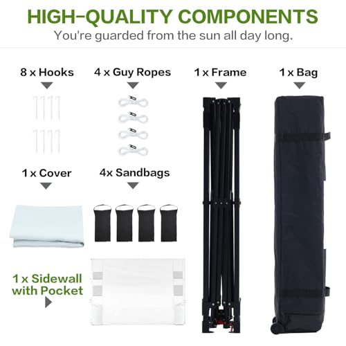 10'x10' Pop Up Canopy Tent with 1 Sidewall and 6 Pockets, One Push Setup, Instant Shade Tent with Vented Roof for Beach Patio Outdoor, Case, 8 Stakes