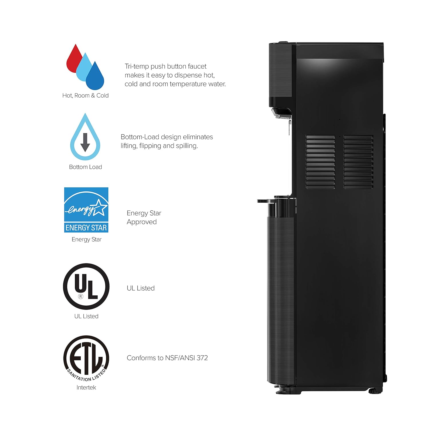 Brio Self Cleaning Bottom Loading Water Cooler Water Dispenser &ndash; Black Stainless Steel - 3 Temperature Settings - Hot, Room & Cold Water