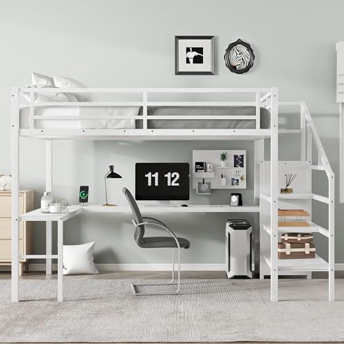SOFTSEA Queen Size Loft Bed with LED Lights & USB Ports, Heavy Duty Metal Loft Bed with L Shaped Desk & Storage Stairs