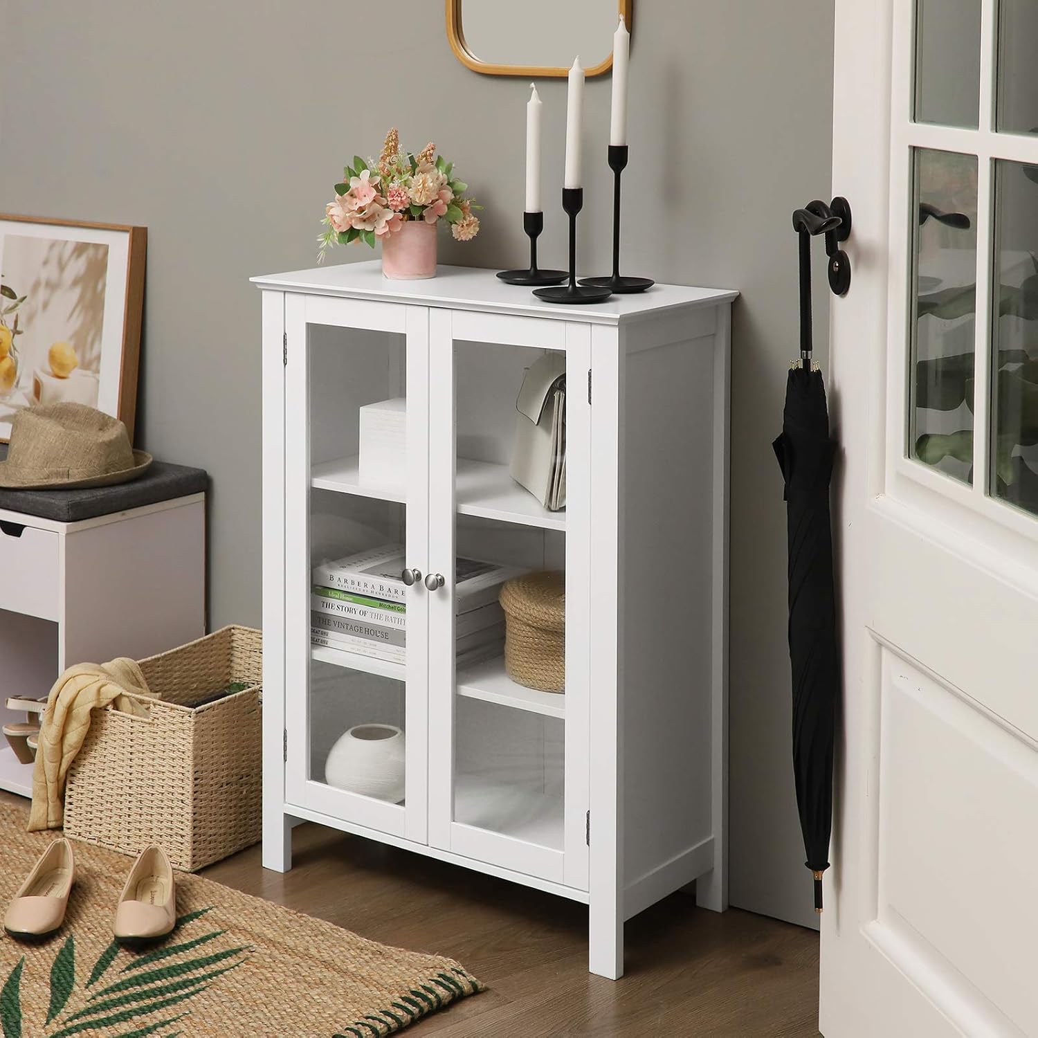 VASAGLE Storage Cabinet, Sideboard, Display Cupboard with 2 Adjustable Shelves, Transparent Glass Doors, Handles, Scandinavian Nordic