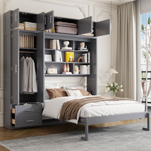 LZ LEISURE ZONE Full Size Murphy Bed, Wood Space Saving Foldable Wall Bed with Desk, Top Cabinet and Storage Shelves, White