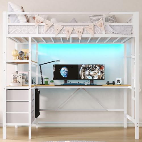DICTAC Loft Bed Full Size with L-Shaped Desk and Charging Station Full Metal Bed Frame with LED Lights,Open Shelves and 3 Fabric Storage Drawers