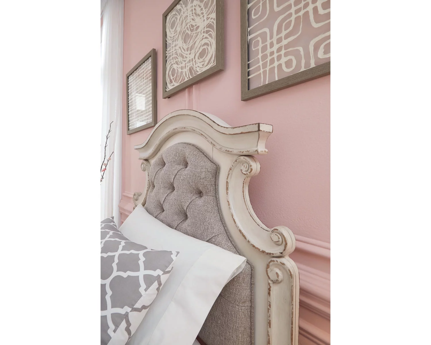 Signature Design by Ashley Casual Realyn Twin Upholstered Panel Headboard  Chipped White