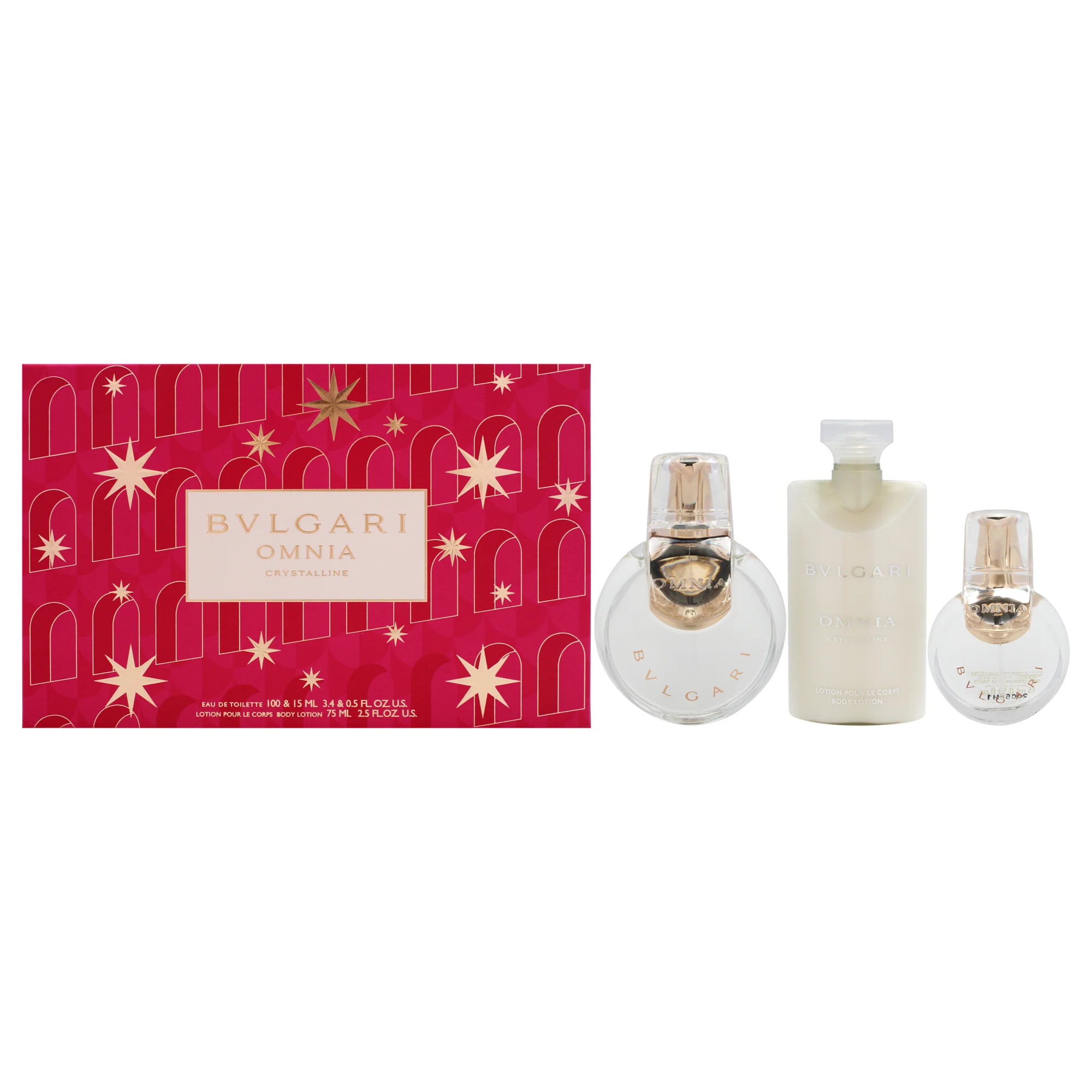 Omnia Crystalline by Bvlgari for Women - 3 Pc Gift Set 3.4oz EDT Spray, 0.5oz EDT Spray, 2.5oz Body Lotion