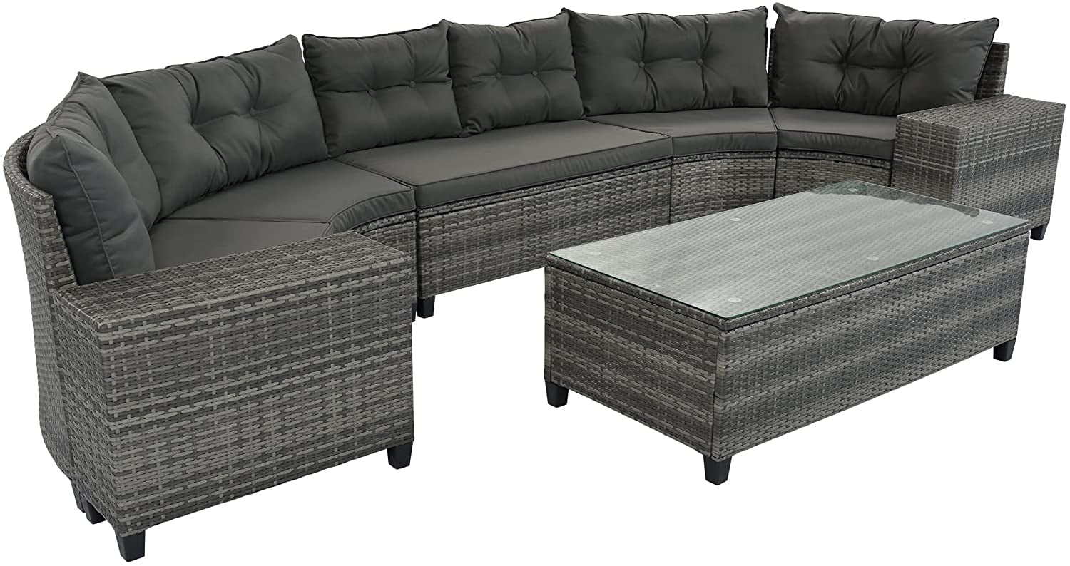 VIRUBI 8-Piece Half-Moon Outdoor Sectional Furniture Cushioned Sofa Set with Rectangular Coffee Table and Side Tables