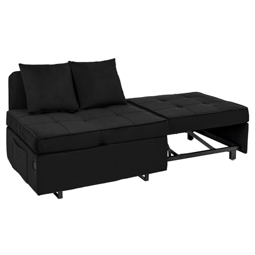 Sofa Bed 4-in-1 Convertible Pull Out Couch, Velvet Love seat Couch Sleeper Chair Bed with 2 Throw Pillow