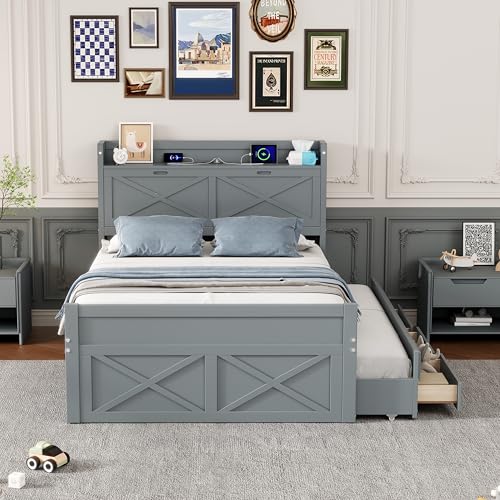 Harper & Bright Designs Twin Size Captain Platform Bed with Bookcase Headboard, Wood Twin Bed Frame with Storage Drawers and Shelves