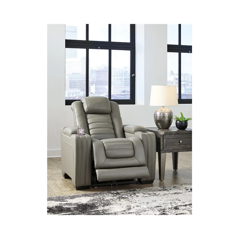 Ashley Furniture Backtrack Leather Power Recliner with Headrest in Light Gray