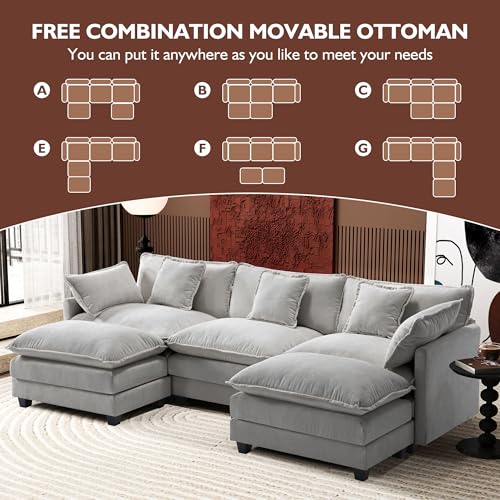 Ihanherry 111.4" U Shaped Modern Cloud Sofa Modular Sectional Couch with 2 Ottoman, 5-Seat Chenille Deep Seat Sofa with Pillow for Living Room