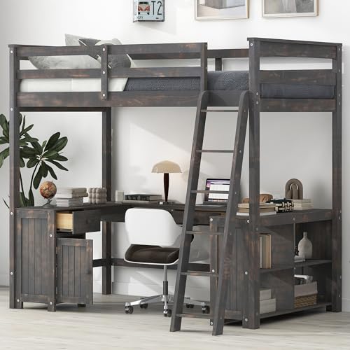 Harper & Bright Designs Full Size Loft Bed with Desk, Bookshelf, Solid Wood Loft Bed Frame with Storage Drawers and Bedside Tray