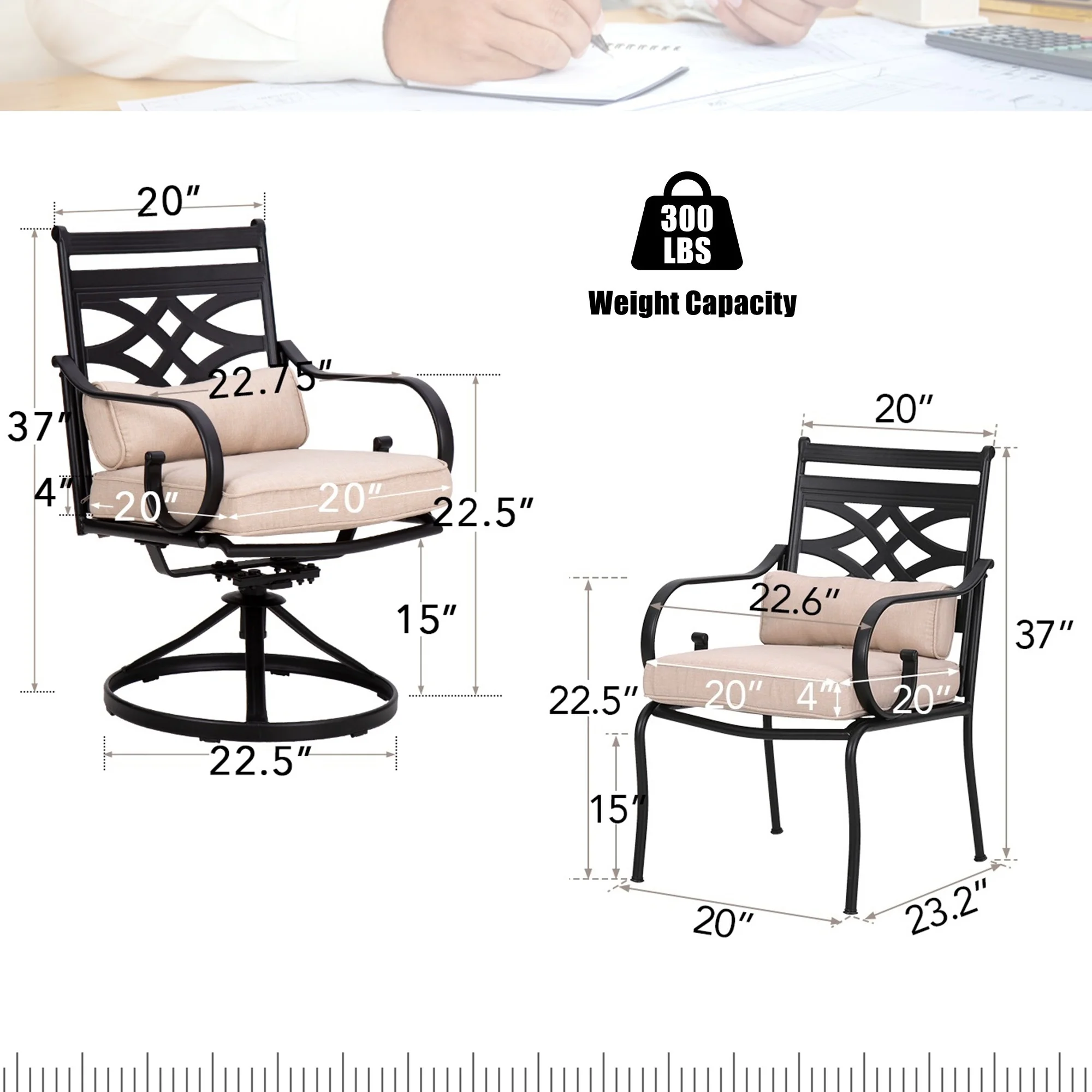 Summit Living 7-Piece Outdoor Dining Set with Swivel Cushioned Chairs for 6-Person, Umbrella Support, Black & Beige