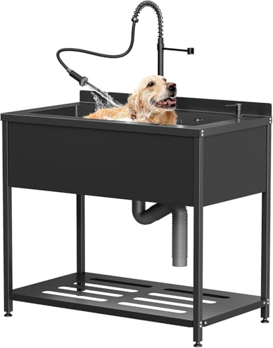 Stainless Steel Utility Sink, 36.6" × 24.2" × 36.6"Freestanding Sink with Cold and Hot Water Faucet,Hoses and Drain Kit for Kitchens, Bathrooms