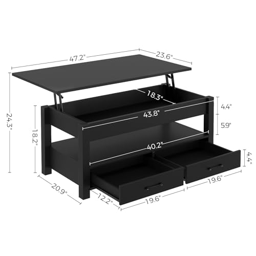 Rolanstar Coffee Table, Lift Top Coffee Table with Drawers and Hidden Compartment, Retro Central Table with Wooden Lift Tabletop, for Living Room