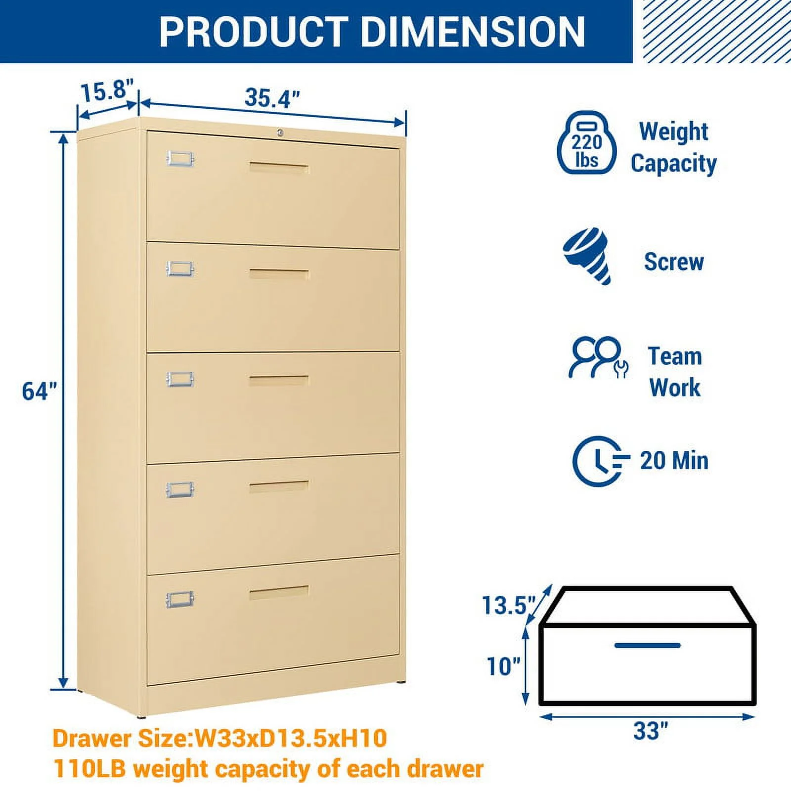 STANI 5 Drawers Lateral File Cabinet with Lock - Metal Steel Filling Cabinets for Home Office