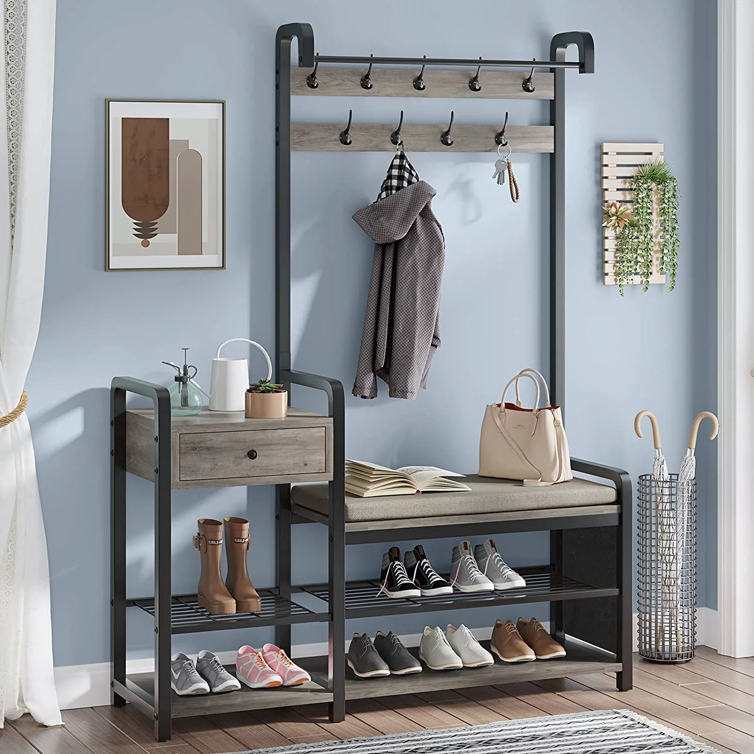 Hall Tree, Entryway Bench, Shoe Rack for Entryway, Coat Rack Furniture with Storage, Soft Cushion and Hanging Rod, Oak Grey