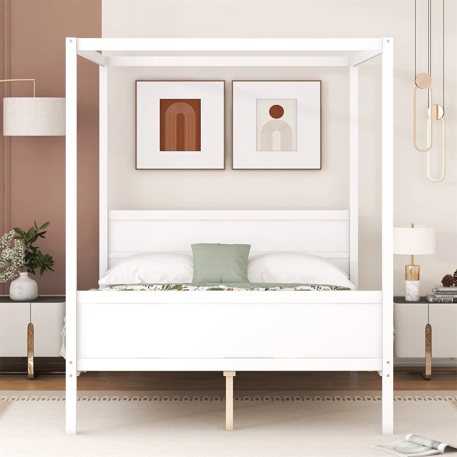 MERAX  Queen Size Canopy Platform Bed with Headboard and Footboard White