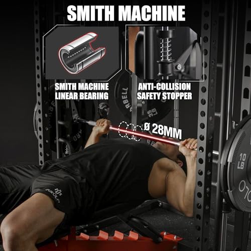 Mikolo Smith Machine, Multi-Function Power Cage with Dual Pulley System, Vertical Leg Press Attachment