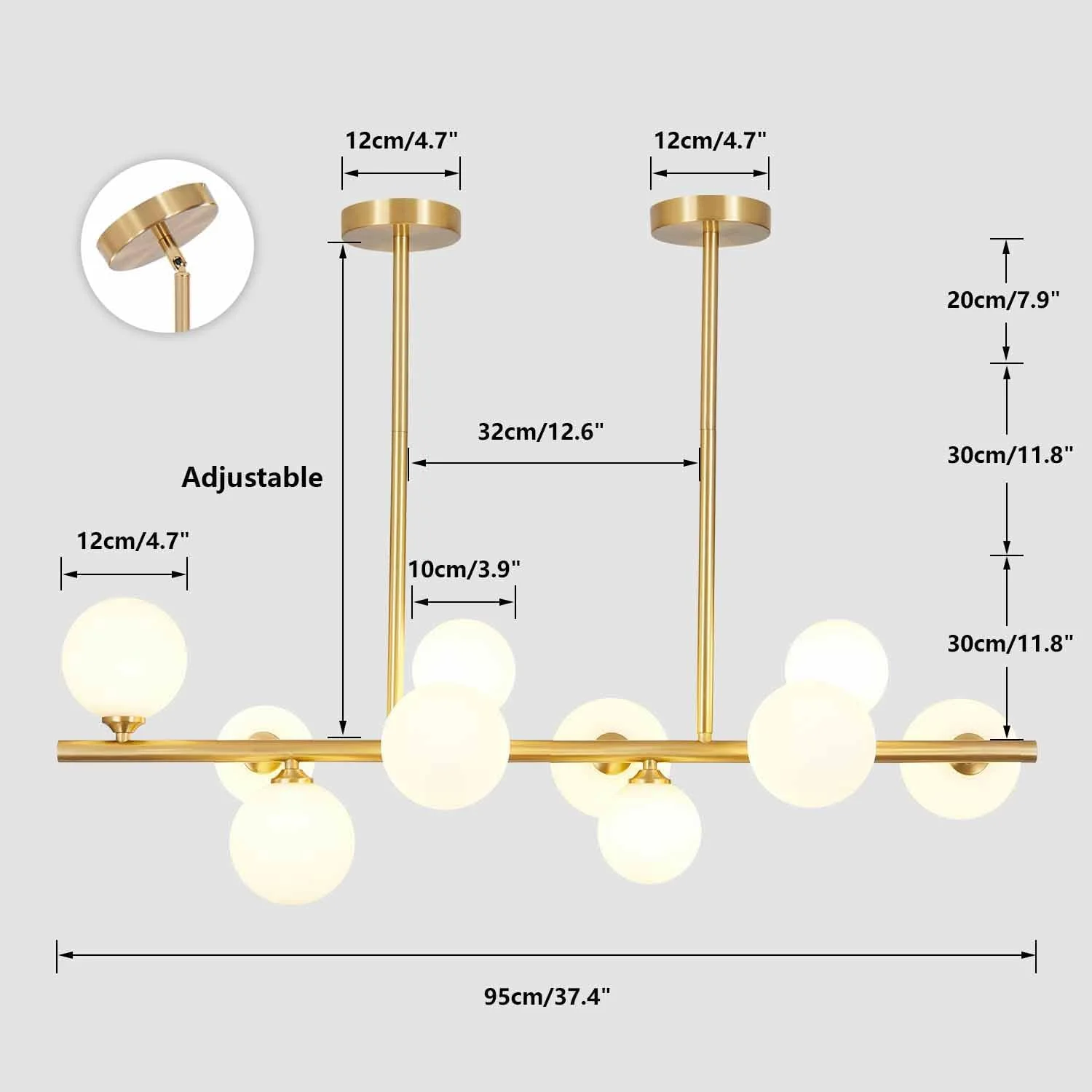 WANHUI Modern Gold Globe Sputnik Chandelier Mid Century Brass Linear Chandelier 10-Lights Frosted White Glass Ball Pendant Light Ceiling Lamp Dining