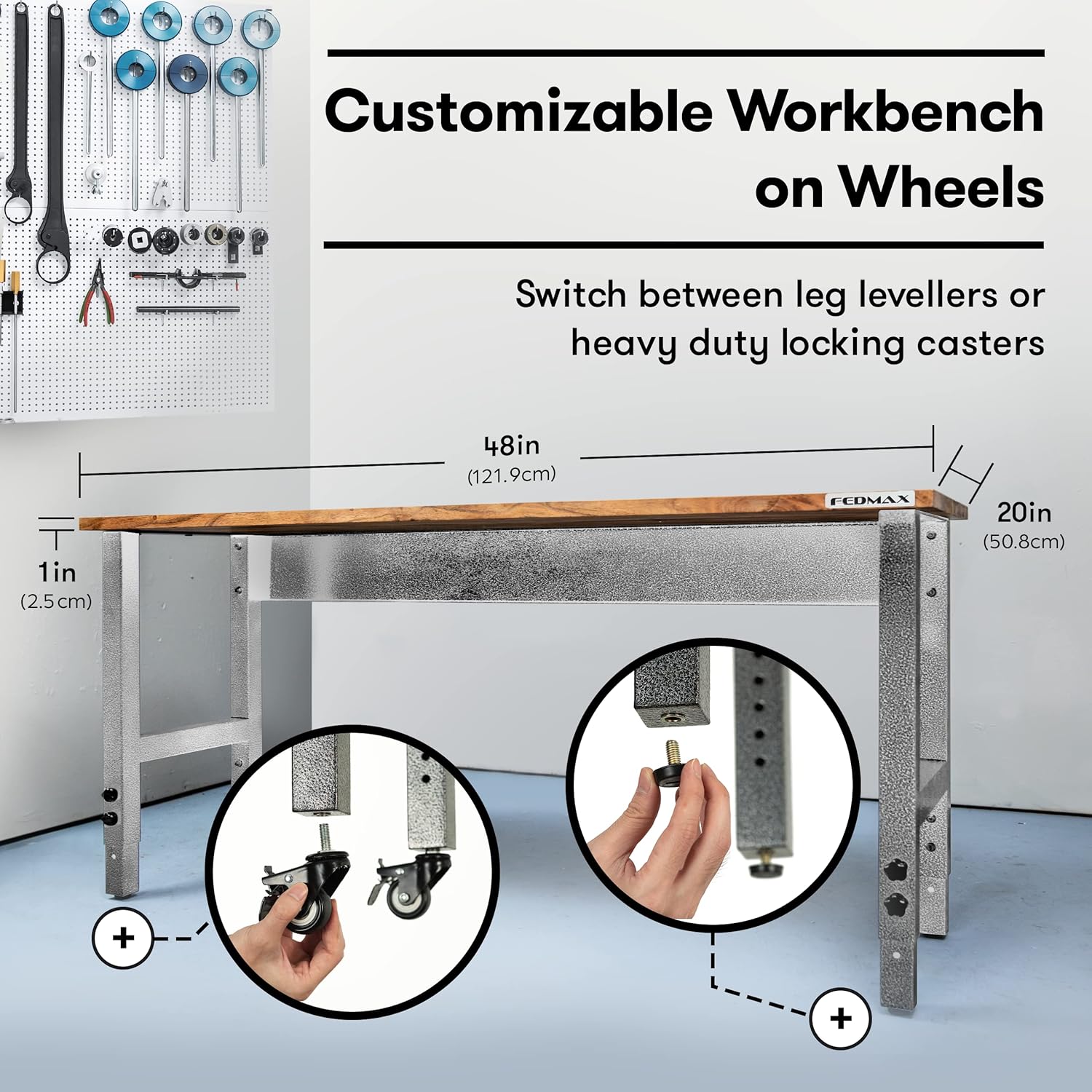 Fedmax Workbench - 61 Wide Rolling Workbenches for Garage - Workshop Tool Bench, Kitchen Work Table, Home Office Desk, Arts & Crafts Station