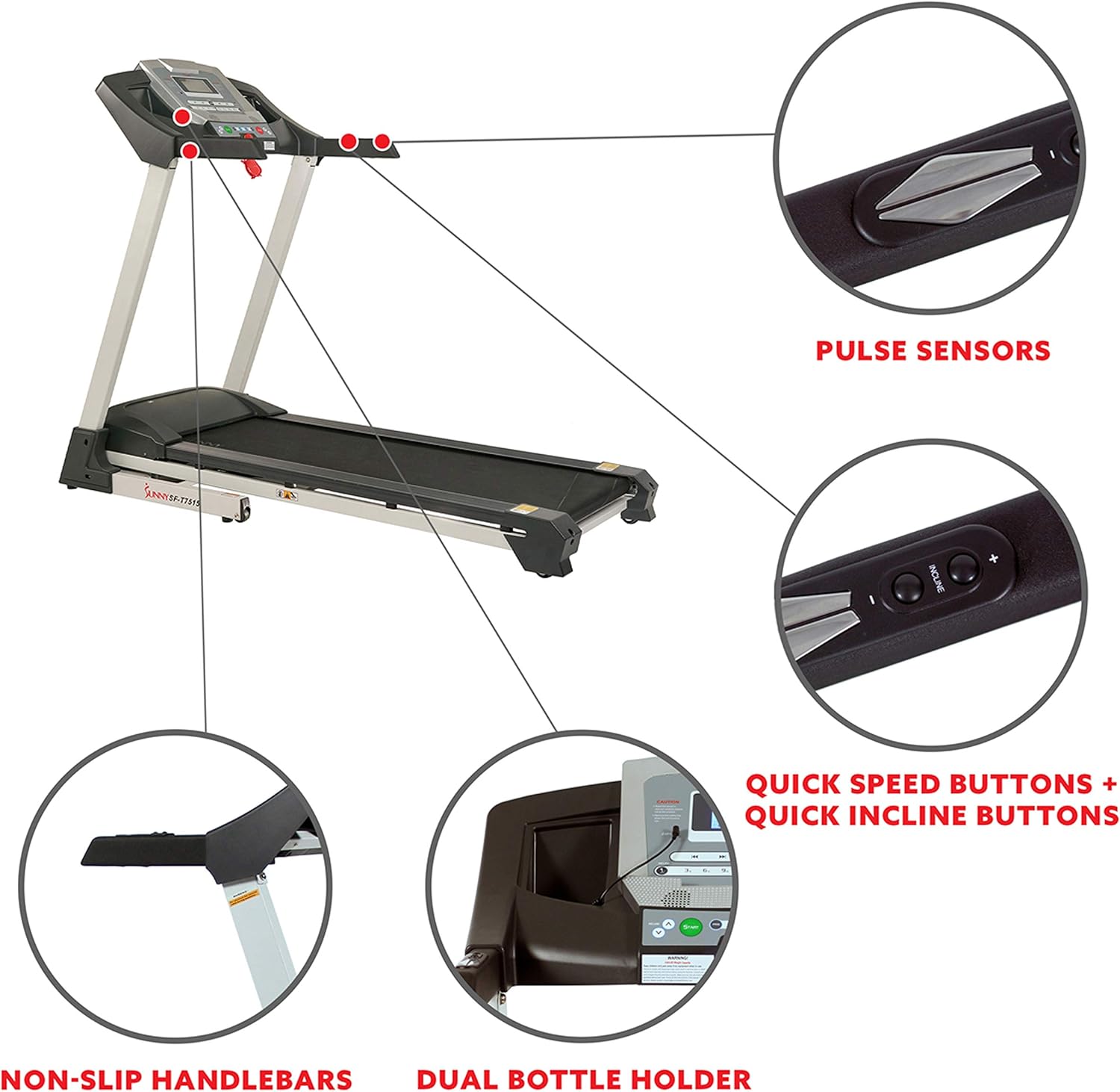 Sunny Health & Fitness SF-T7515 Smart Treadmill with Auto Incline, Speakers, Bluetooth, LCD and Pulse Monitor, Phone Function, 240 LB Max Weight