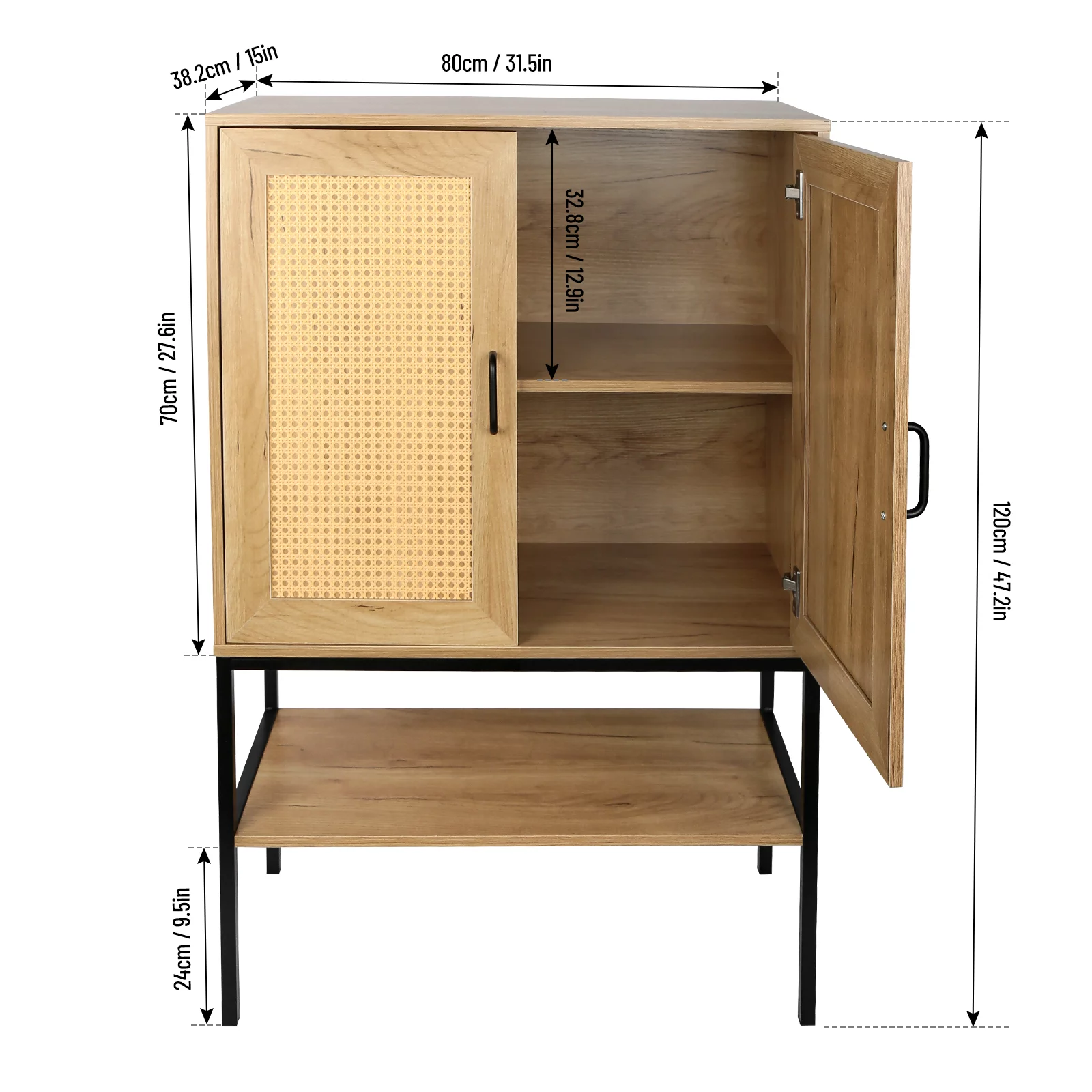 Dcenta Elegant Cabinet with 2 Rattan Doors Bedroom Living Room Kitchen Cupboard Wooden Furniture with Bottom Shelf Easy Assembly Natural Color