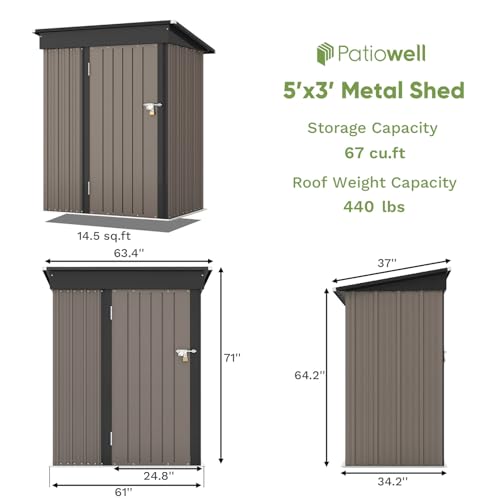 Patiowell 5x3 FT Outdoor Storage Shed, Tool Shed with Sloping Roof and Lockable Door, Metal Shed for Backyard Garden Patio Lawn, Brown