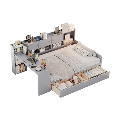 Corner Twin Bed Frame with Bookcase Storage and Desk, Wood Day Beds with 2 Drawers, Twin Size Daybed with Storage for Living Room