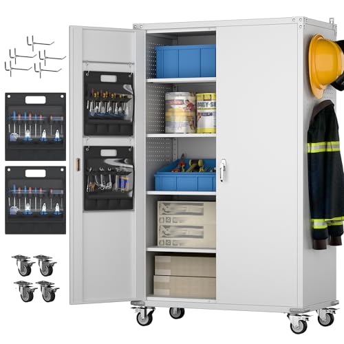 Aobabo 71" H×32" W×16" D Metal Storage Cabinet with Wheels, Garage Steel Storage Cabinet with 5 Adjustable Shelves and 4 Hooks for Home Office