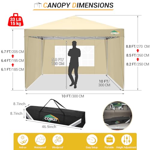 COBIZI 10x10 Pop up Canopy Tent Protable Canopy Tent with 4 Sidewalls Waterproof Commercial Instant Shelter for Parties, Wedding