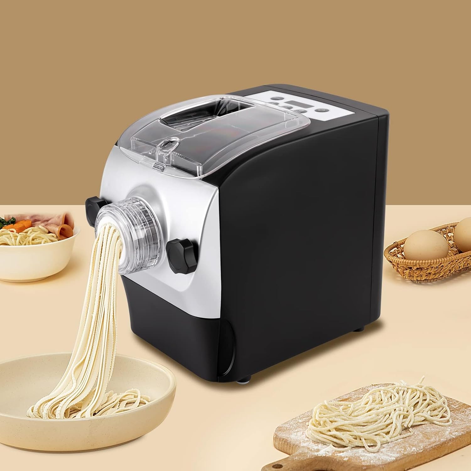 Electric Pasta Maker Machine, 260W Automatic Noodle Maker with 8 Moulds, Pasta/Dumpling Skin/Macaroni Maker with LED Display Timer