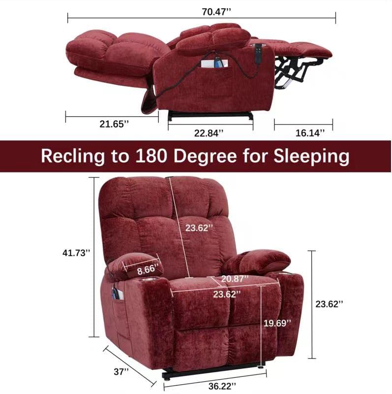 Electric Power Lift Recliner Oversize Chair Dual Motor Vibration Massage Heated Gift Fabric Single Sofa for Elder with Side Pockets Cup Holders for