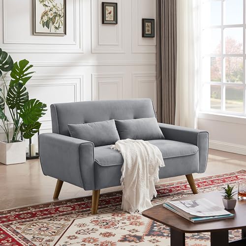 48.8" Small Loveseat Sofa, Mid Century Modern Love Seat Couch with Back Cushions and Wood Legs, 2 Seater Couches for Living Room, Bedroom