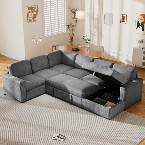 L-Shaped Pull Out Sleep Sofabed,Modern Reversible Sleeper Sectional Sofa Chenille Upholstered Button Tufted Decor with Storage Chaise