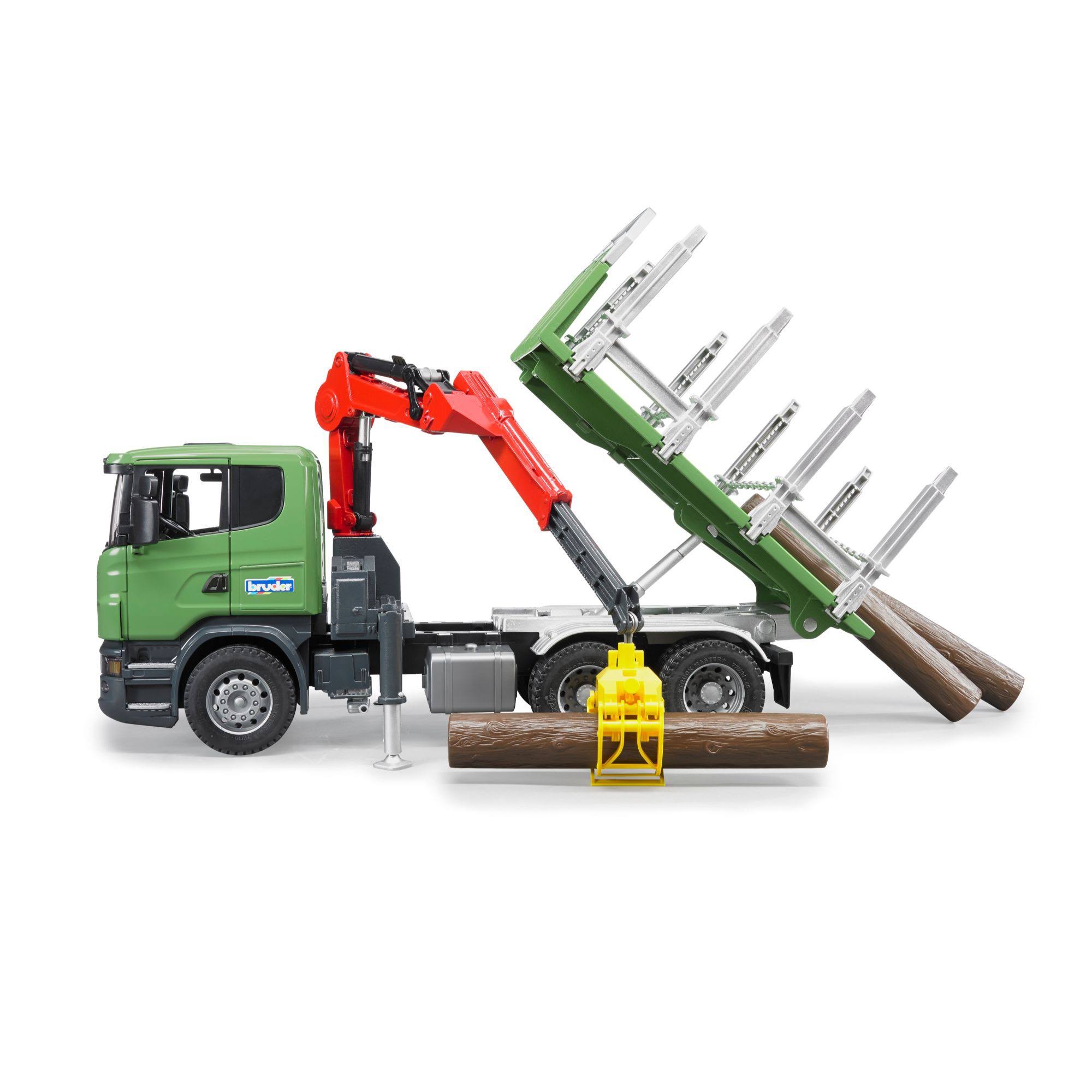 Bruder Scania R-Series Timber Truck with Loading Crane and 3 Trunks