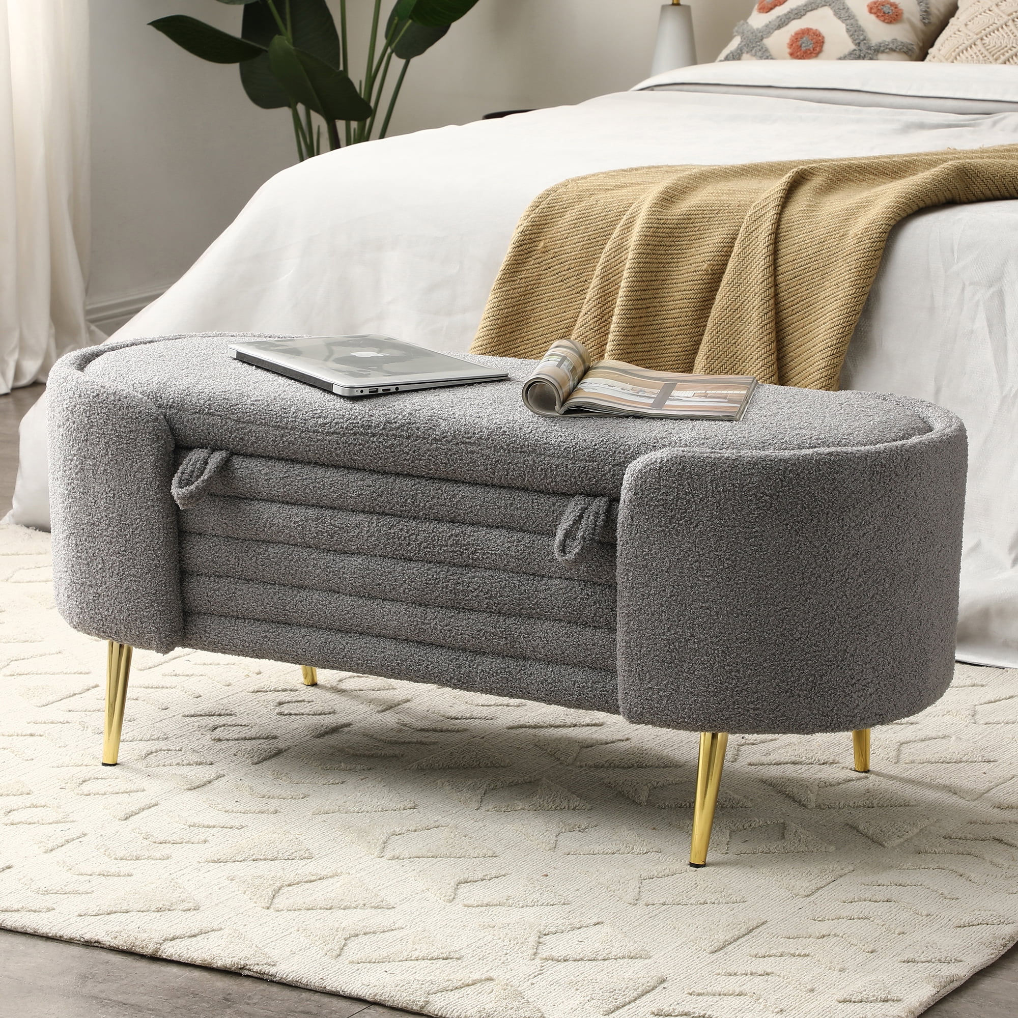 Holaki Modern End of Bed Bench with Storage Upholstered Sherpa Fabric Large Storage Bench Ottoman Shoe Stool Long Bench Window Sitting Toy Storage