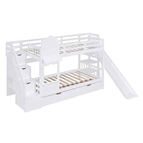 Kids Bunk Bed with Stairs and Slide, Wood Twin Over Twin Bunk Bed with Storage Drawers and Shelves, Castle Style Bunk Beds for Kids Teens Girls Boys