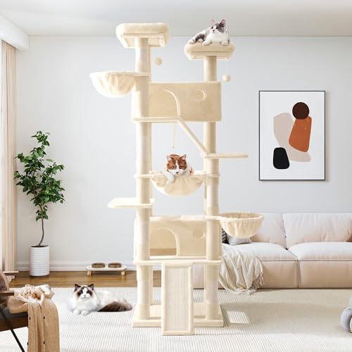 Allewie 81 Inches Tall Cat Tree/Multi-Level Large Climbing Tree House and Towers for Big Feline/Condo and Hammock/Scratching Post/Wide Base/Dark Grey