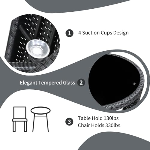 TWT 3 Pieces Fully Assembled Aluminum Outdoor Patio Bistro Set All-Weather Wicker Patio Furniture with Tempered Glass Table & Patio Chairs for