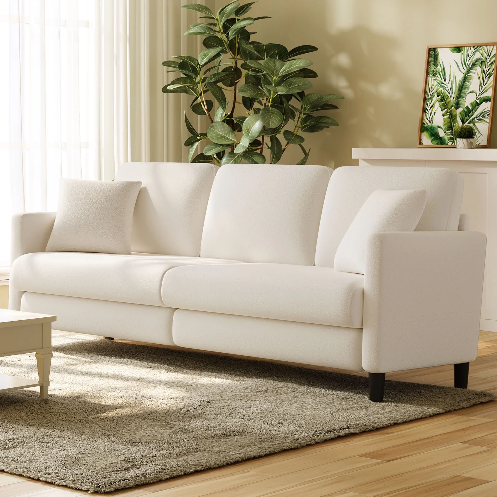 82.6" Velvet Sofa,3 Seater Upholstered Sofa with Extra Deep Seats,Soft Comfy Couch for living Room,2 Pillows,Off-White