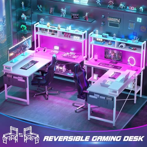 Aheaplus L Shaped Gaming Desk with Power Outlets & LED Lights, Small L- Shaped Desk Computer Corner Desk with Monitor Stand & Storage Shelf