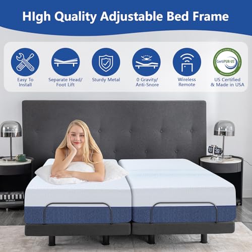 Split King Adjustable Bed Frame with Mattress, 12 Inch Grey Gel Memory Foam Medium-Firm Mattress in Box