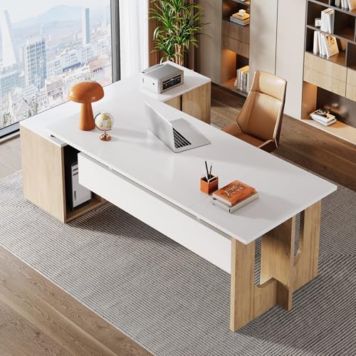 Tribesigns 74.8" Executive Desk, Large Office Desk with Cabinet, L Shaped Computer Desk with Shelves and CPU Storage