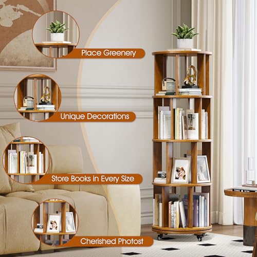 6 Tier Rotating Bookshelf Tower Spinning Bookshelf with Swivel Wheels Book Shelf Rotating Storage Tower for Kids Adult Narrow Walnut Solid Wood