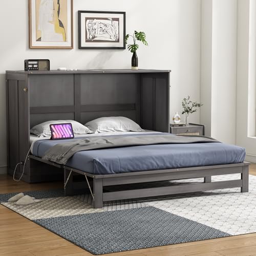 Harper & Bright Designs Queen Size Murphy Bed Cabinet, Solid Pine Wall Bed Chest with USB
