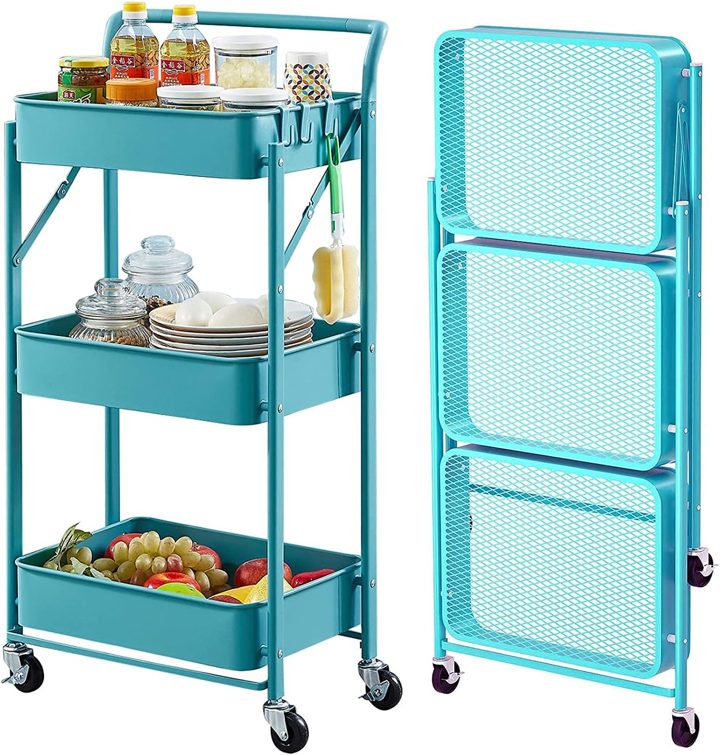 Foldable Utility Storage Cart Multifunctional Metal Storage Bin Heavy Duty Organizer Cart with Rolling Wheels Organization Cart for Home Office