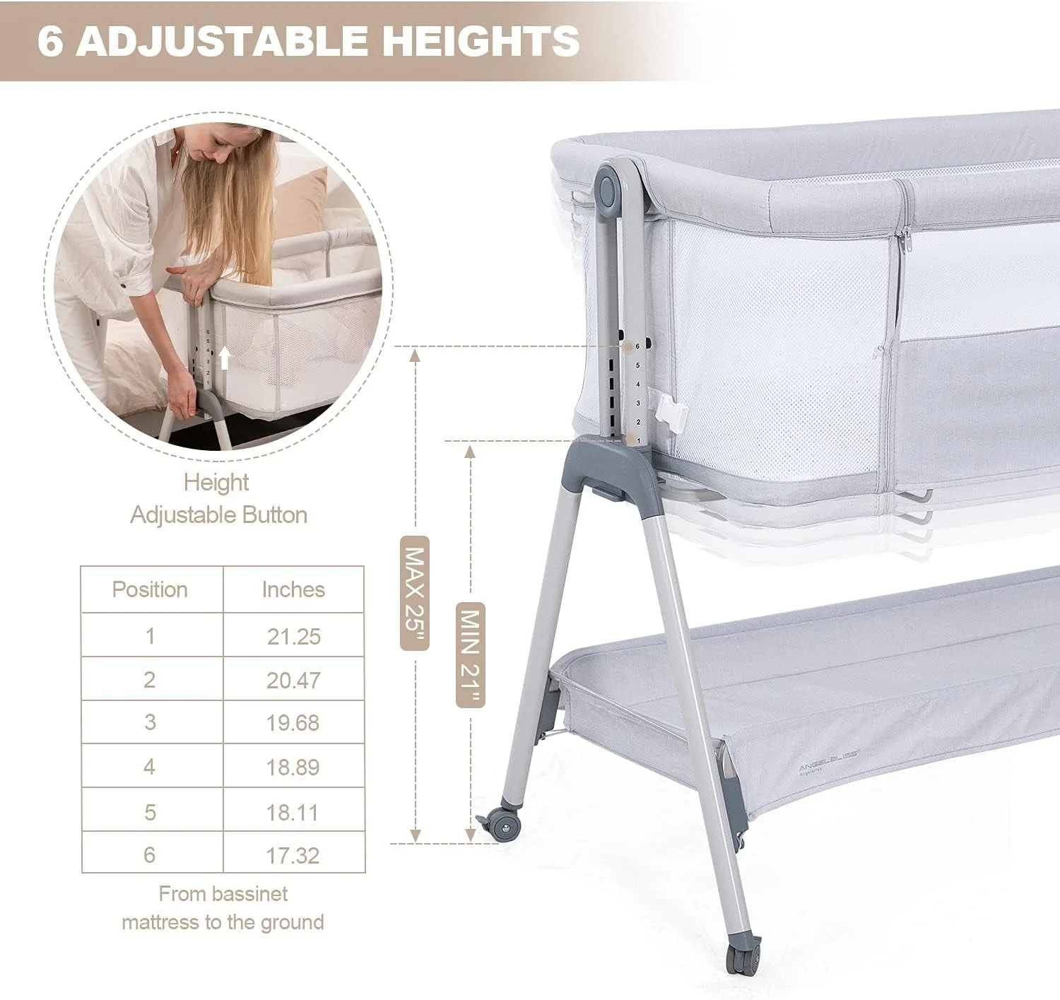 ANGELBLISS Flat Bedside Bassinet with Storage Basket, Easy Folding Portable Crib with Wheels, Included Breathable Mesh
