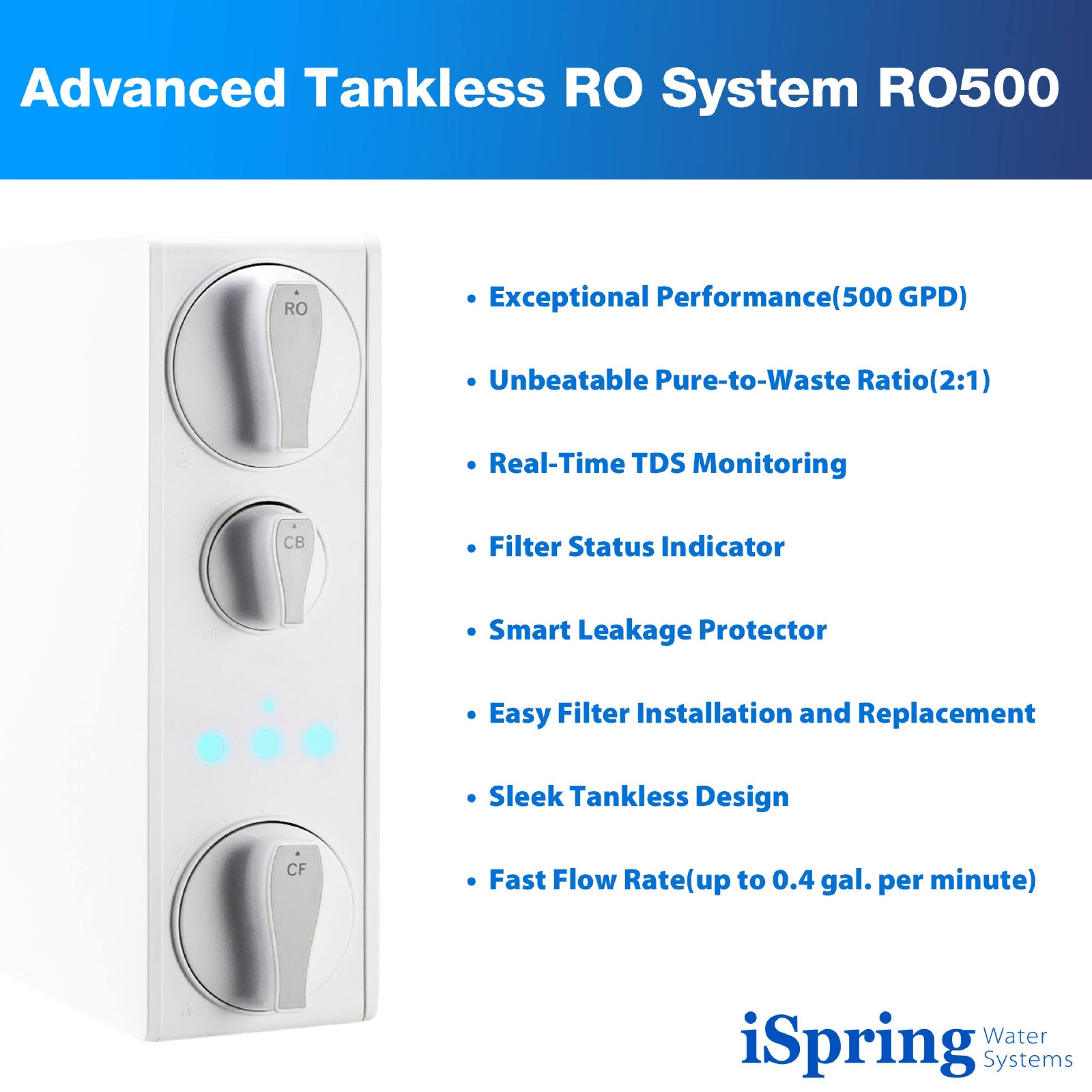 iSpring Ro500 Tankless RO REVERSE Osmosis Water Filtration System, 500 GPD Fast Flow, Smart Faucet with TDS Monitoring, 2:1 Pure