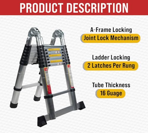 Mytee Products 16.5' Telescoping Ladder A Frame - Aluminum Extention Ladder w/Balance Bar, Carry Handle & Tool Tray